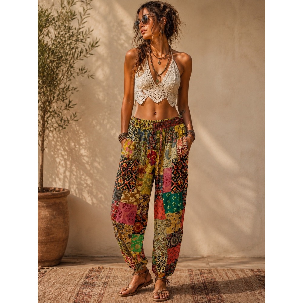 Hippie Forever Patchwork Harem Pants Free SZ Boho Cotton Joggers Boho Multi